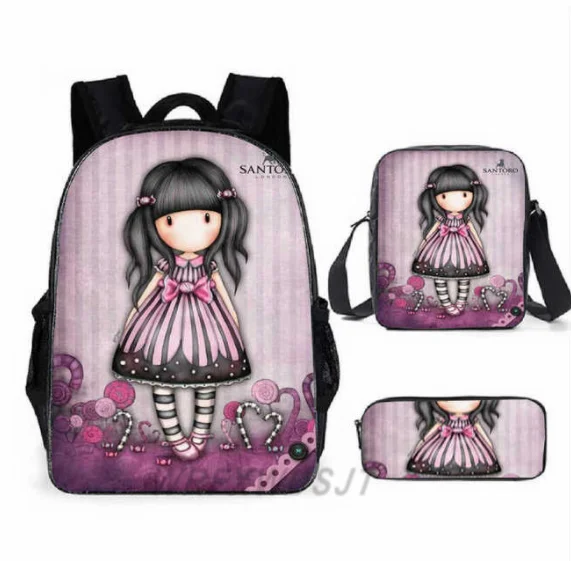 

Harajuku Novelty New Santoro Gorjuss 3pcs/Set Backpack 3D Print School Student Bookbag Laptop Daypack Shoulder Bag Pencil Case