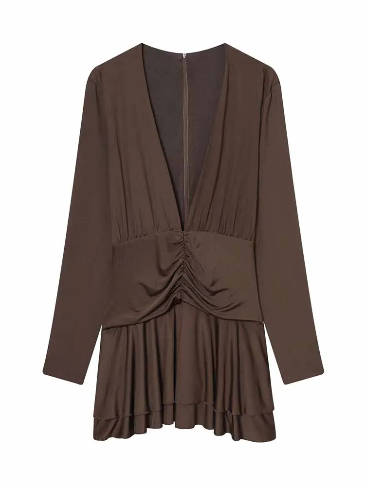 HH femme été rétro mode manches longues col en V profond plissé décoration combinaison robe femme décontracté Style de rue robe