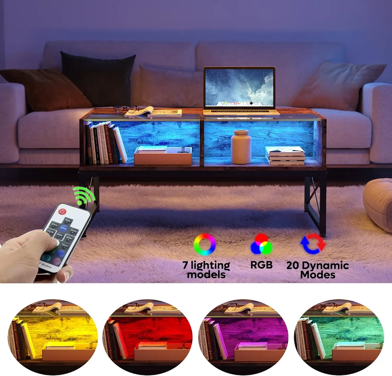 Bestier Led Coffee Table For Living Room, 42 Inch Wood Center Table, Smart Gaming Tea Tables For Home Office, Coffee Table With