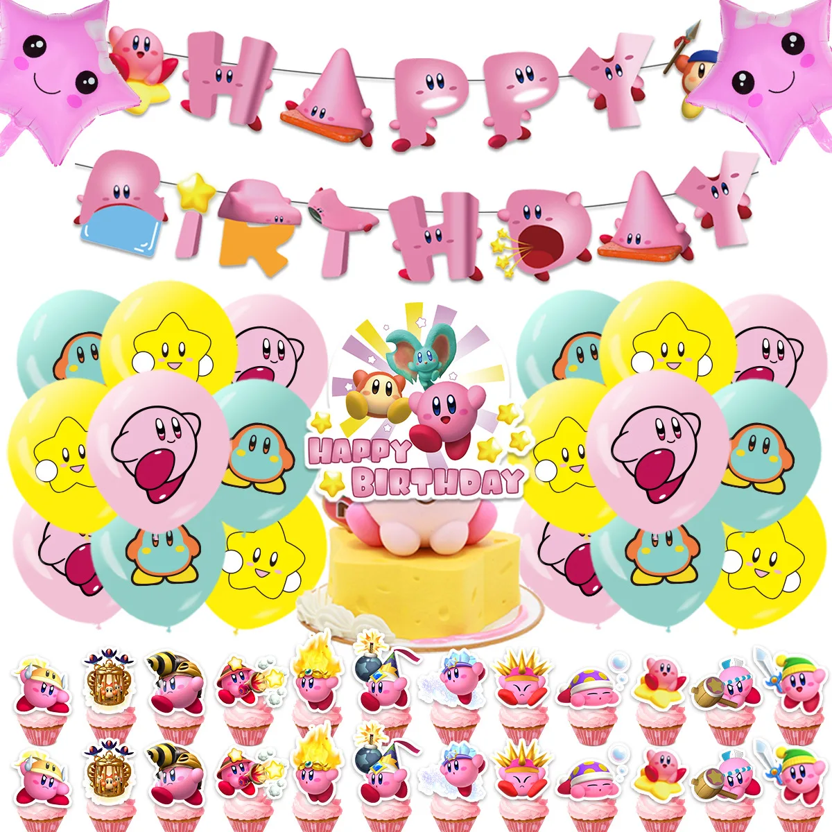 

Kirby Themed Birthday Party Decorations Cartoon Household Goods Hanging Flags Balloons Set