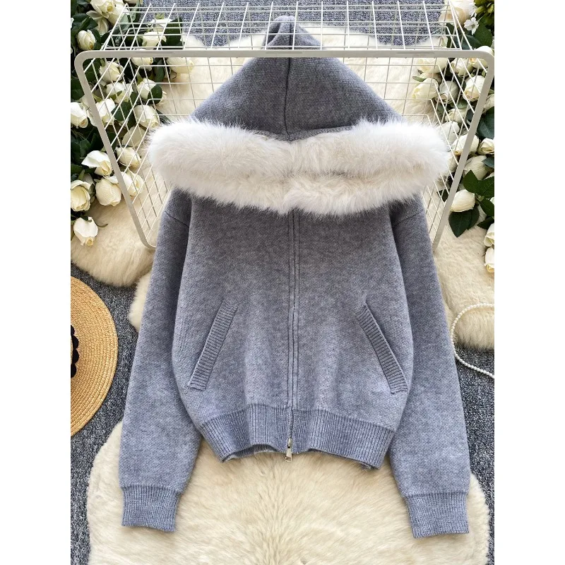 

Lazy Style Sweater Women's Cardigans 2025 Autumn and Winter Fashion Mao Mao Stitching Hooded Cardigan Women Knit Sweater Jacket
