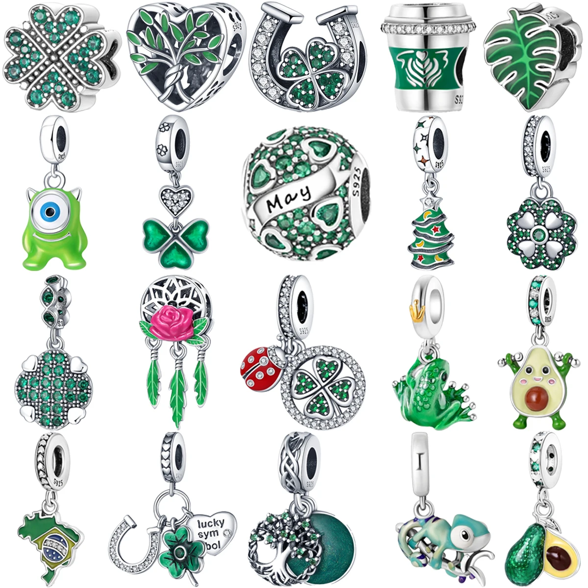 

Original 925 Sterling Silver Green Clover Frogs Avocado Chameleon Charm Beads for Pandora DIY Bracelet Ladies Jewelry Gift