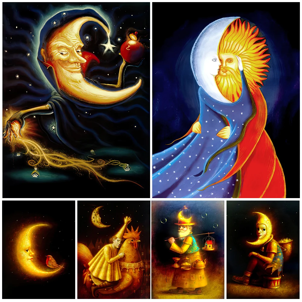 The Moon Wizard Who Sprinkles Stars Into The Sky Vintage Wall Art Canvas Painting Mysterious Moon Kid Poster And Print Decor