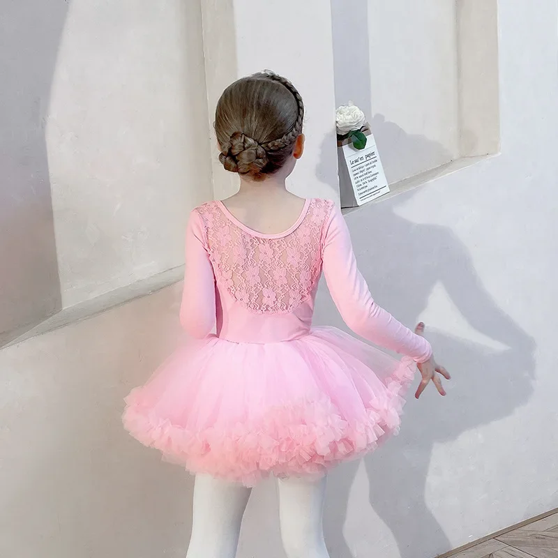 Long Sleeved Ballet Dress Girls Training Skirt Tutu Classical Dance Clothes Children\'s Examination Leotard Lace Stitching Pink