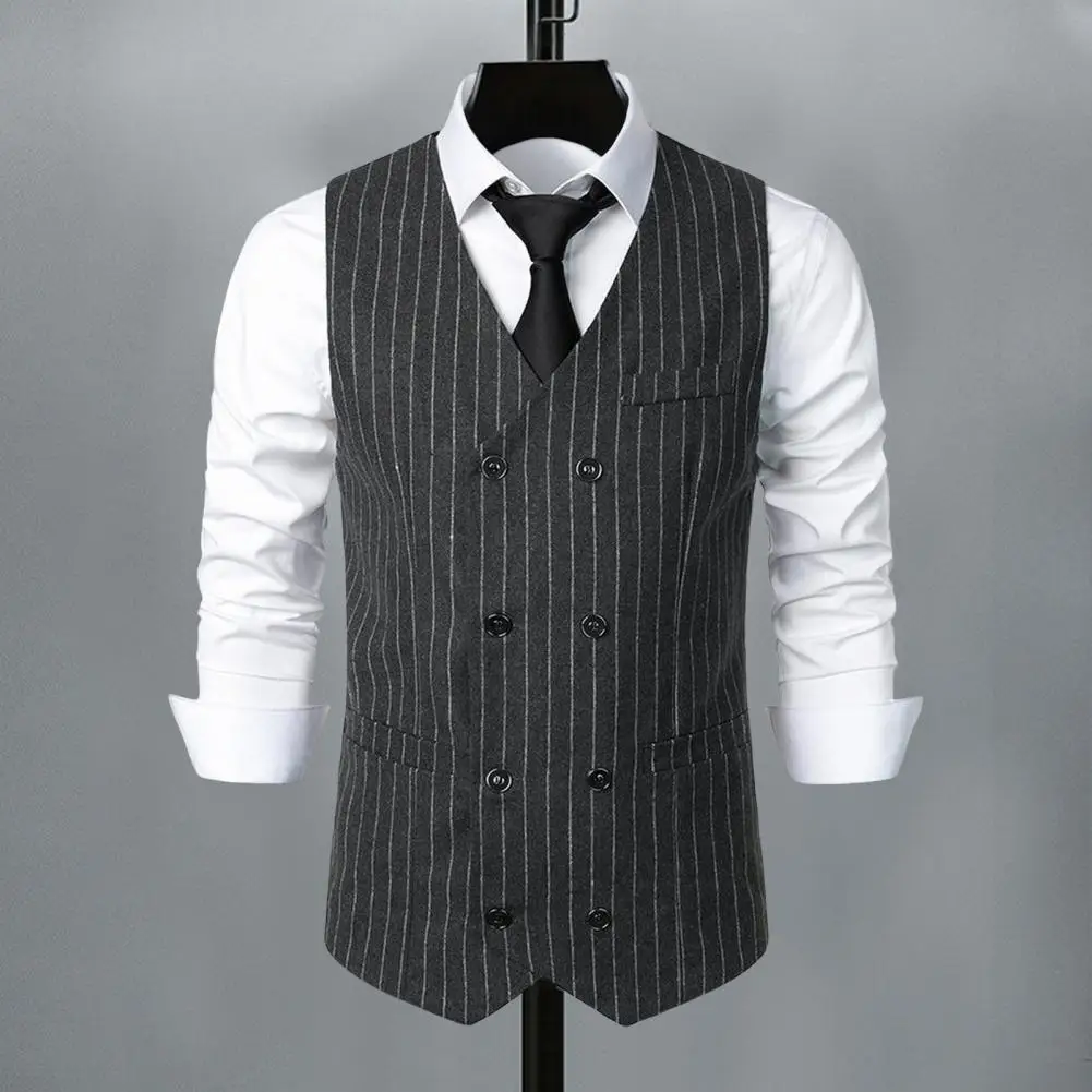 

Men Suit Waistcoat Vintage Double Breasted Striped Suit Vest With Patch Pockets A Stylish Waistcoat For Weddings Business Attire