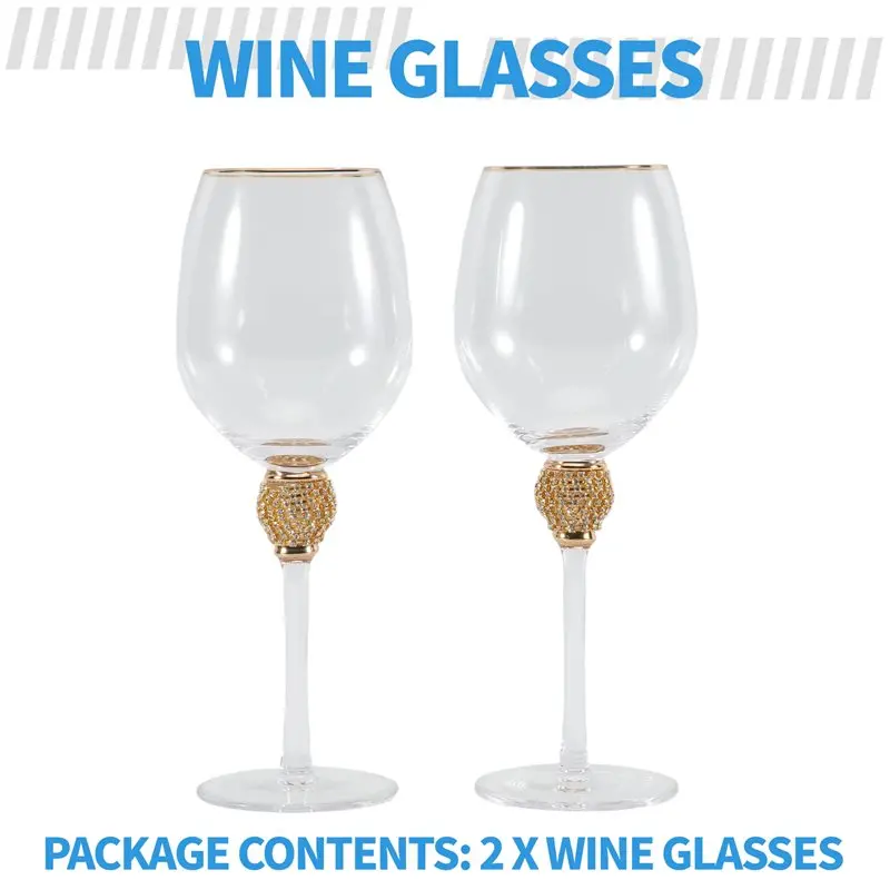 Homeparts Gift 2Pcs Crystal Gold Wine Glasses Set Elegant Diamond Decorative Long Stem Champagne Flutes Cocktail Glass 2Pcs Red