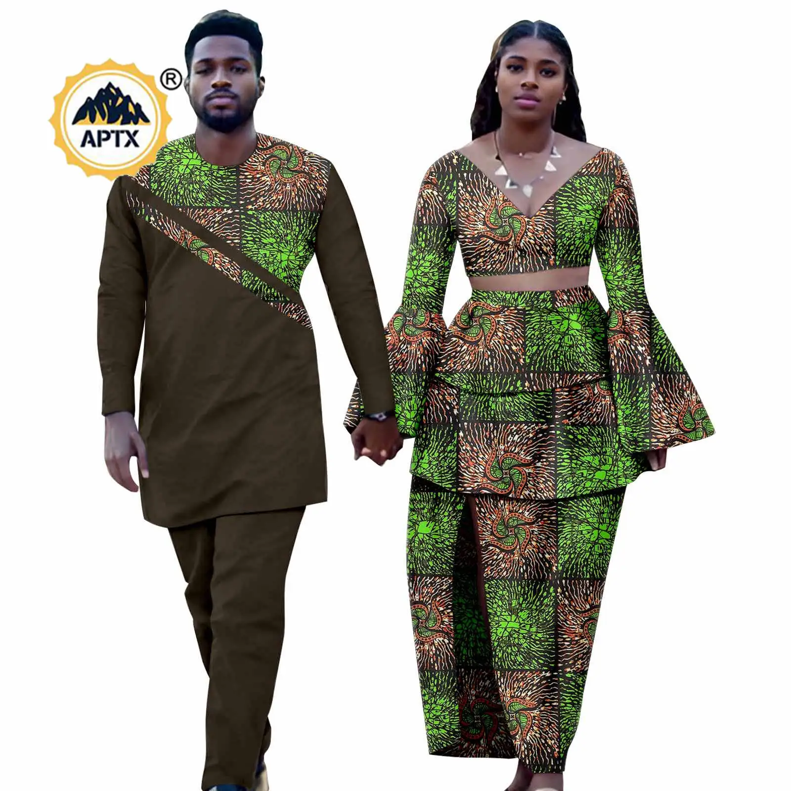 Bazin Riche African Print Crop Top and Tierrer Skirt for Women Matching Couples Outfits Dashiki Men Top and Pant Sets 24C040