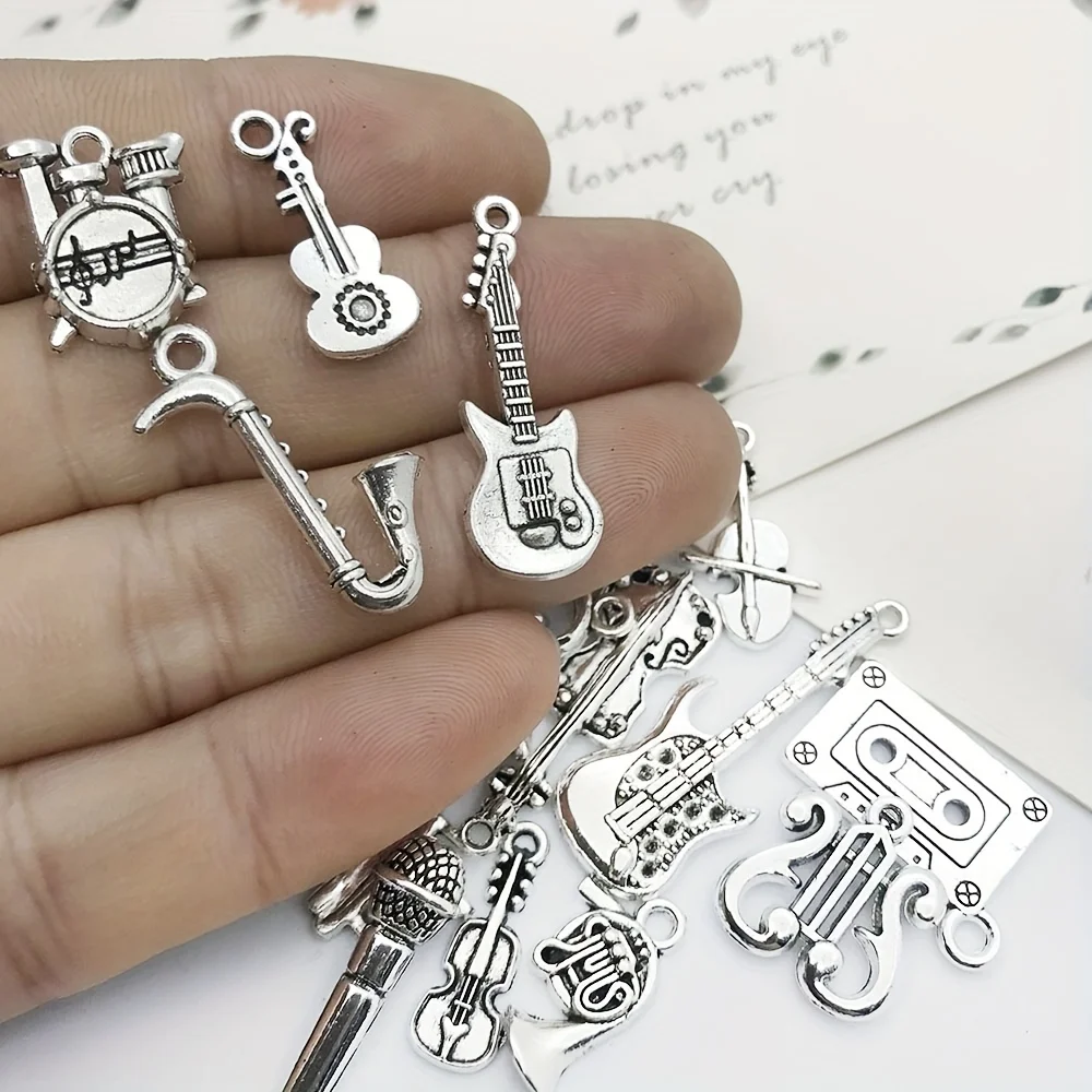 Mix 15pcs Antique Silvery Musical Instrument Charms Pendant For Jewelry Making Guitar Piano Violin Music Charms Finding Crafting