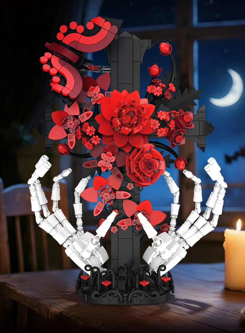 Idea Baustein Rote Rose Bestattungen Lernspielzeug Blumen Skelett Hand Kreuz Konstruktions-Baustein Modell Sammlerstück Schreibtischdekoration – Detail 6