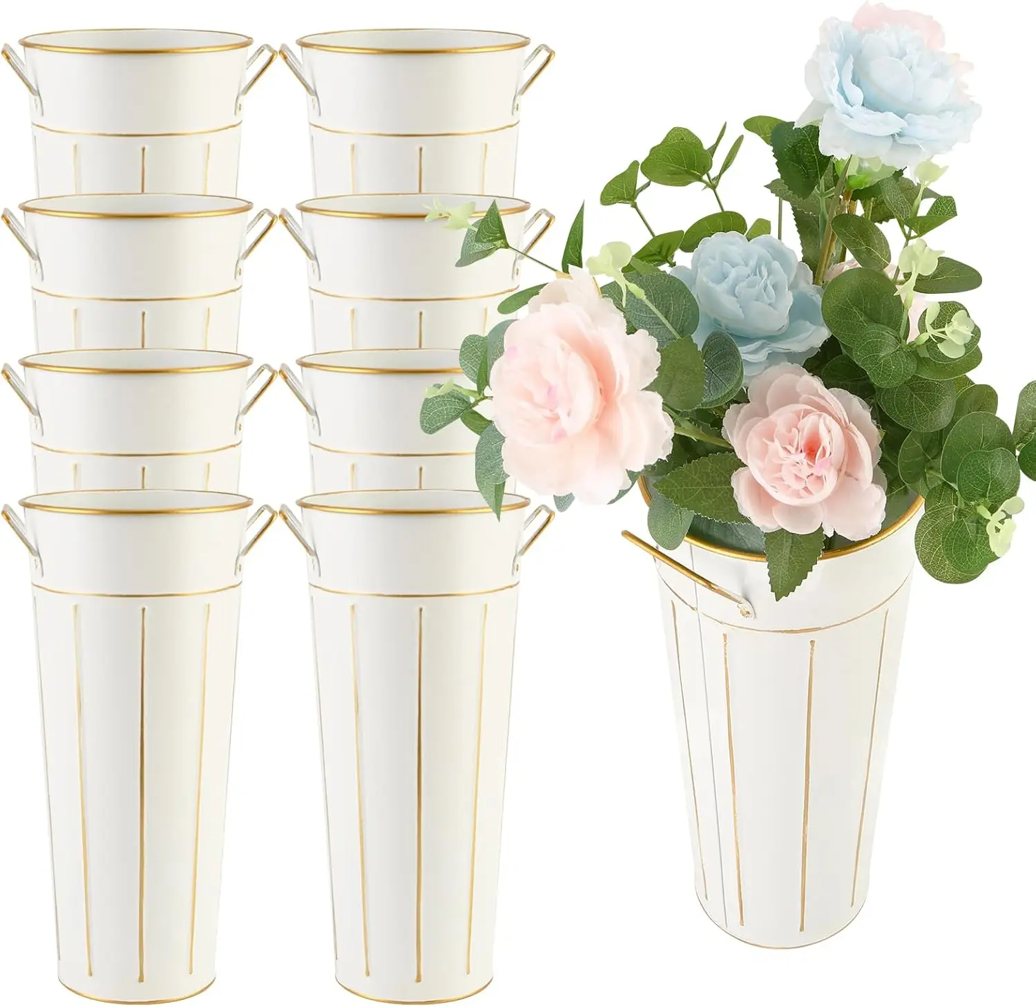 

8 Pcs 11.8 Inch Tall Galvanized Flower Bar Buckets with Handles - Tin Metal Vase for Home Decor, Wedding Centerpiece