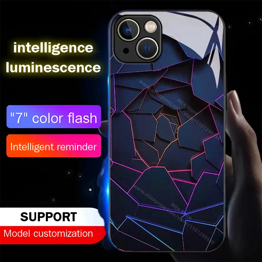 

Colorful Diamond Grid Sound Control LED Flash Case Luminous Glass Cover For iPhone 16 15 14 13 12 11 Pro Max X XR Plus