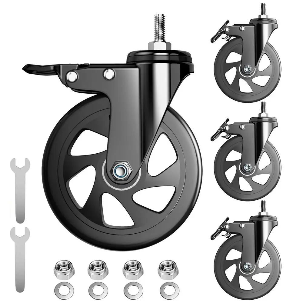 

5 Inch Heavy Duty Stem Casters 2400lbs, 3/8-16 x 1 Stem, Locking Swivel Set of 4