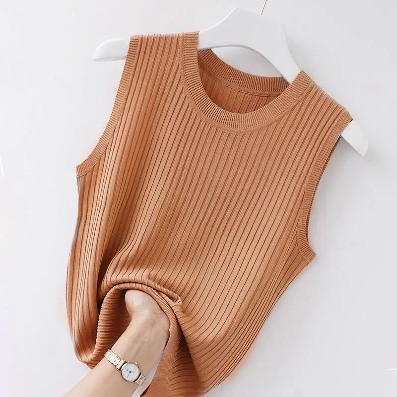 Fashion Women All-match Sleeveless Knit Tank Top Korean Summer New Female Clothing Thin Slim Short Solid Pullover Casual Vest