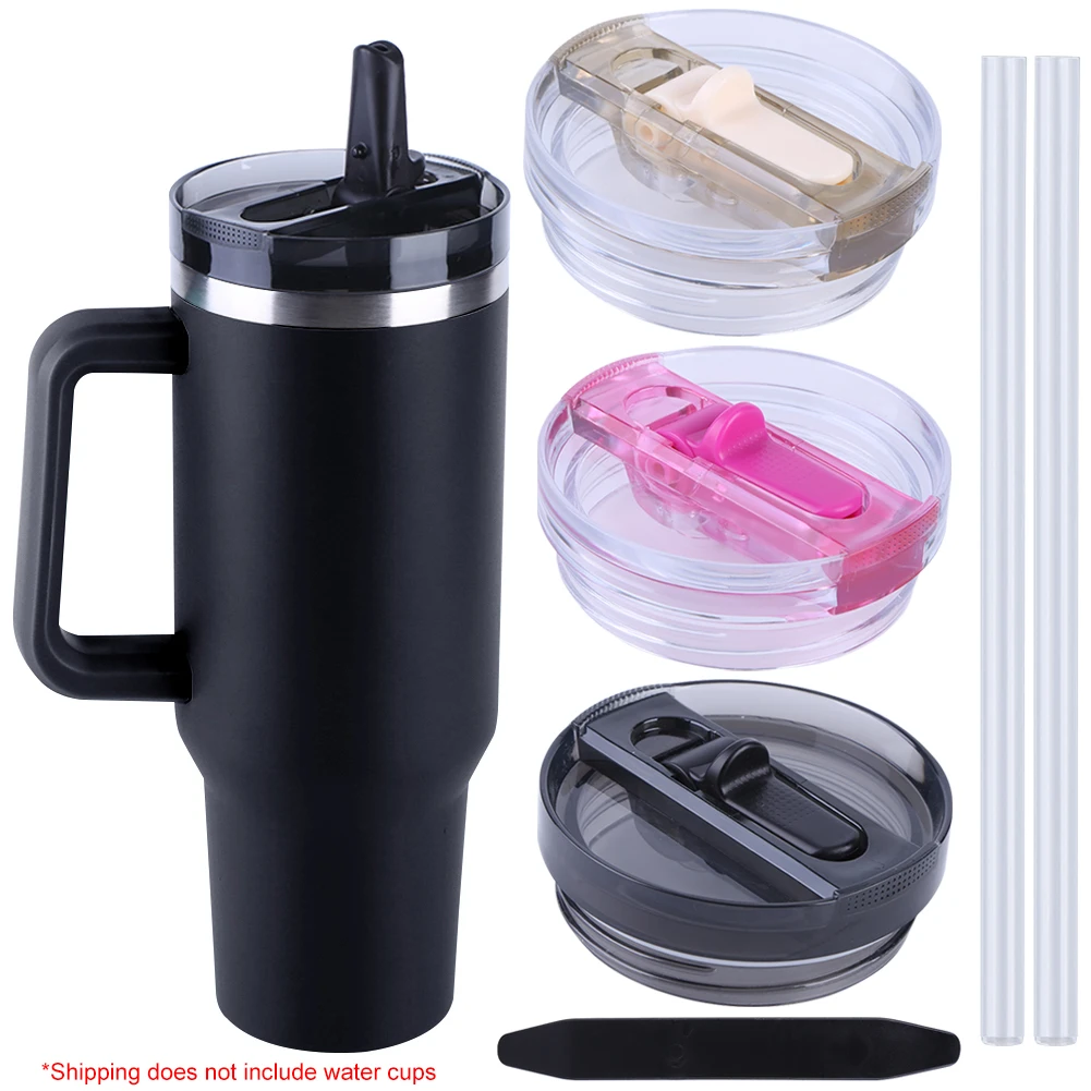 2Pcs No Spill Flip Top Tumbler Cover with 2Pcs Straws Leak Proof Lid Tumbler Flip Straw Lid Replacement for Stanley 40oz