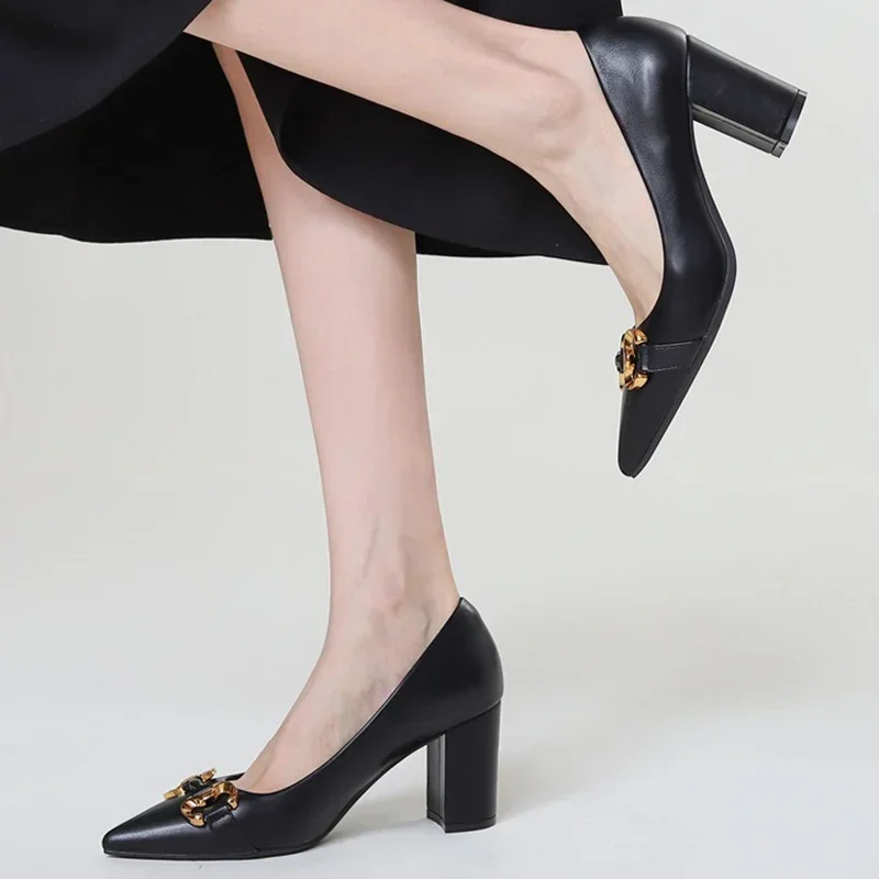 2024 Women 0.5cm Platform High Heels Office Daily Pumps Lady Fashion Metal Buckle Pointed Toe Block Heels Female Leather Shoes