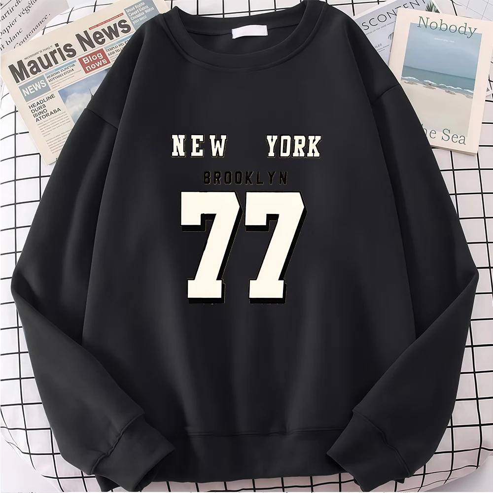 뉴욕 브루클린 77 프린팅 후드티 여성용 스포티 루즈 풀오버 겨울용 플리스 따뜻한 스웨트셔츠 조깅 포켓 남성 의류