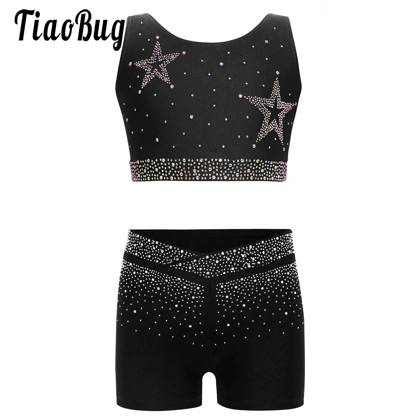 

Kids Girls Figure Skating Ballet Gymnastics Rhythmic Costume Yoga Clothes Rhinestones Crisscross Back Cropped Vest Shorts Set