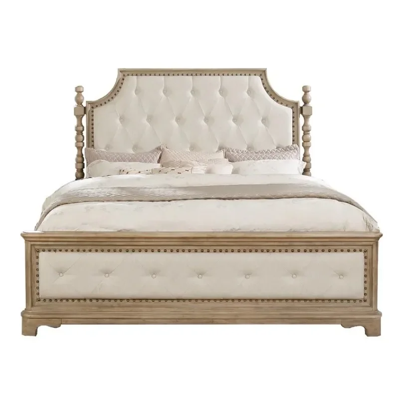 Solid Wood Queen Bed with Roman Columns Rustic European Style Double Frame for Master Bedroom Modern Simple Luxury Design