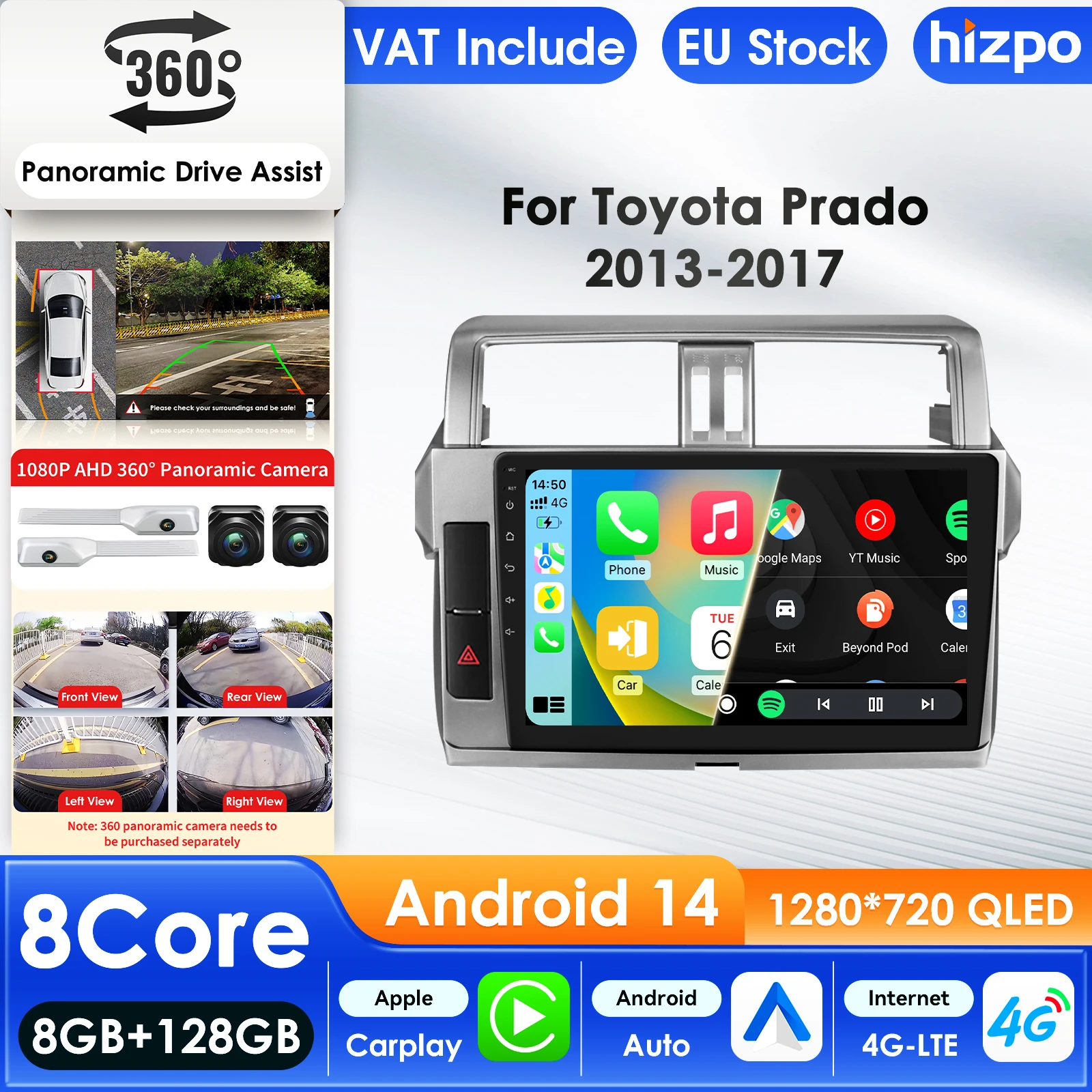 Hizpo Auto-Multimediaplayer für Toyota Land Cruiser Prado 150 2013 - 2017 GPS Carplay 4G KI-Intelligenter Bildschirm Autoradio 360CAM 10,1 Zoll Auto-Intelligent-Bildschirm QLED-Display Automotive Head