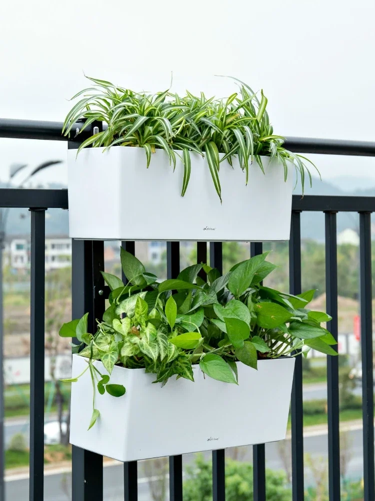 Balcony Hanger Double-Layer Hanging Railing Flower Pot Hook Rectangular Plastic Fence Wall-Hung Basin Large Automatic Water