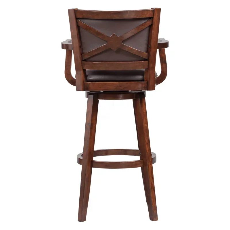 High Back Swivel Wood Bar Stool com braços, acabamento Cappuccino, bancada para cozinha, altura extra de barra alta, 34"