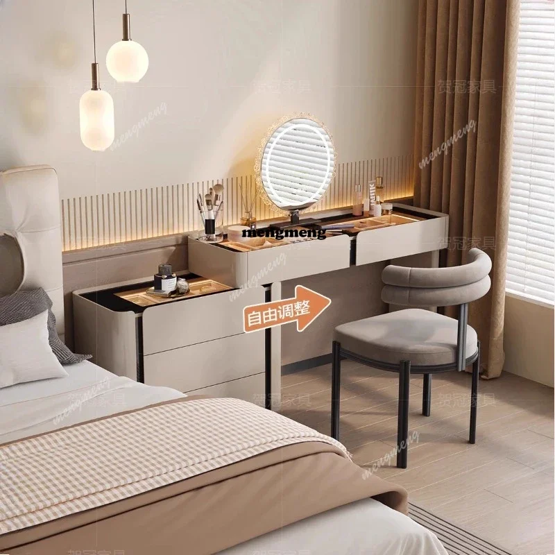 Modern Dressing Table Vanity Set Vanities Desk with LED Smart Mirror and Drawers Table with Glass Countertop and Makeup Stool