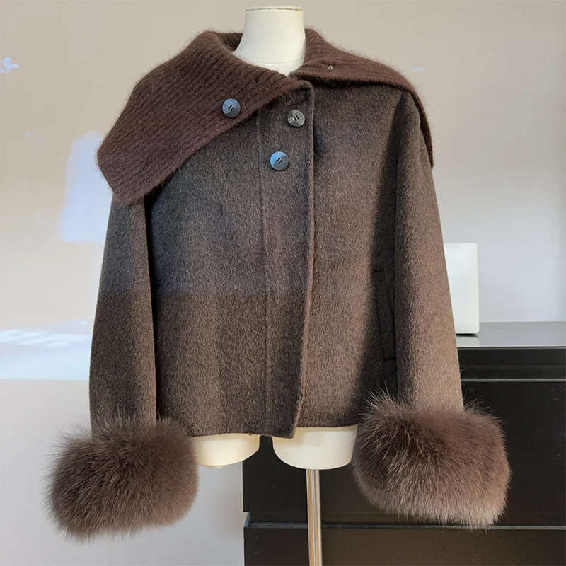 أزياء الشتاء الدافئة الطبيعية الحقيقية الفراء الثعلب معطف الفرو الكشمير الصوف الصوفية المرأة سترة عارضة أبلى معطف الإناث
