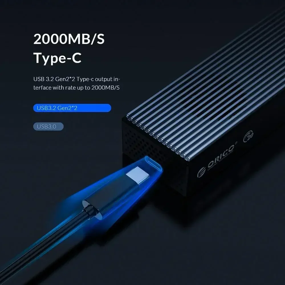 ORICO M.2 NVME SSD-behuizing met ingebouwde ventilator USB3.2 20Gbps Type-C externe behuizing M.2 NVME SSD-behuizing SSD-adapter voor M.2 PC-behuizing
