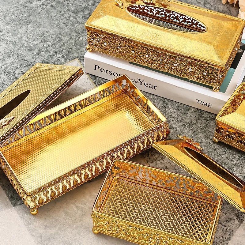 European style gold large tissue box for home use, indoor living room, light luxury, high-end paper box, high-end hotel storage