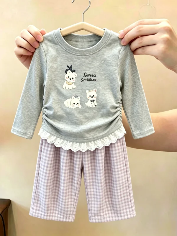 Girls' Autumn Fashionable Plaid Pants And Long Sleeve Printed Top Two-Piece Set Cute And Lovely Cartoon Print School Uniform