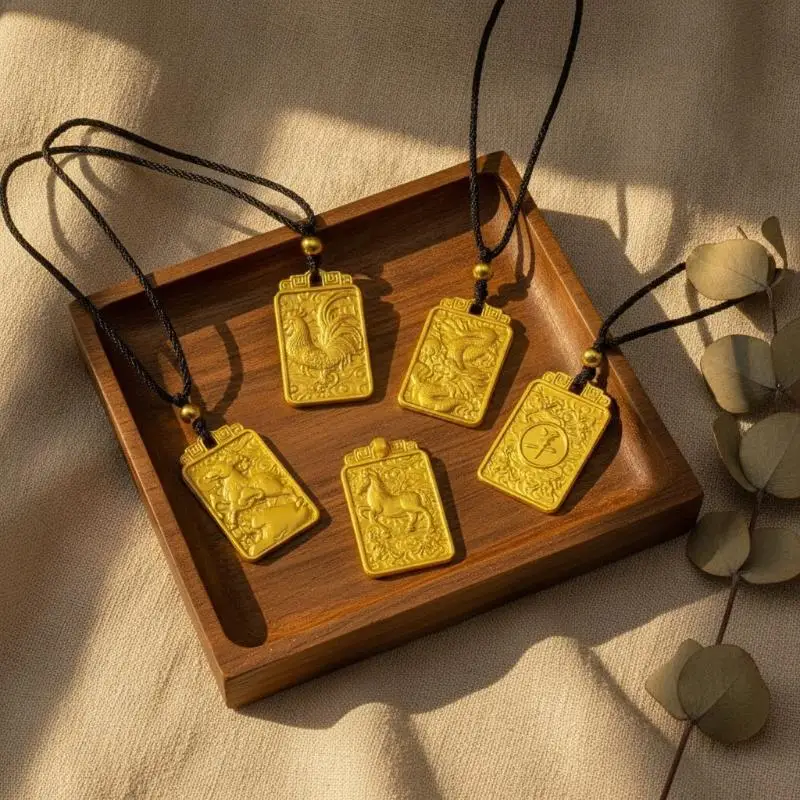 Gold Plated Chinese Zodiac Pendant Necklace Engraved Auspicious Patterns