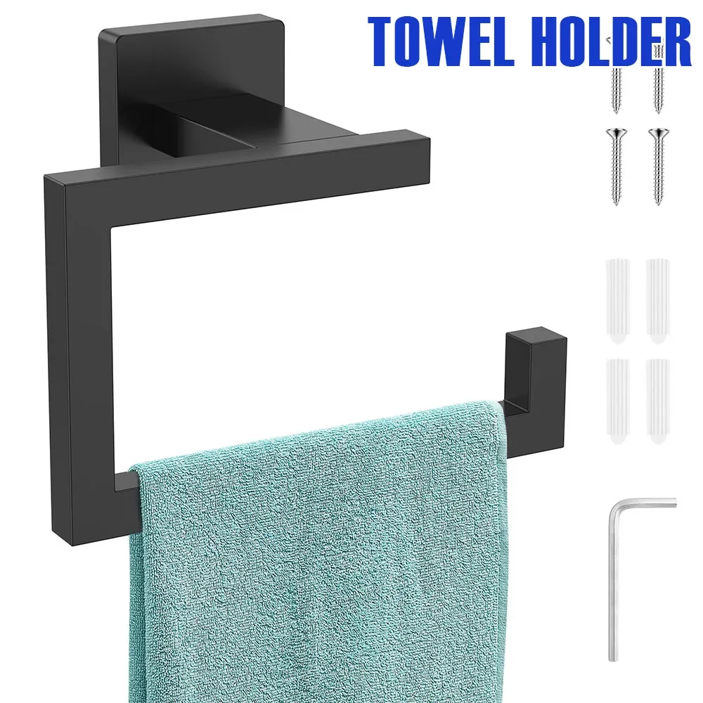 

Stainless Steel Towel Holder Matte Black Square Paper Roll and Hand Towel Ring with Screw Accessories for Home Bathroom Kitchen