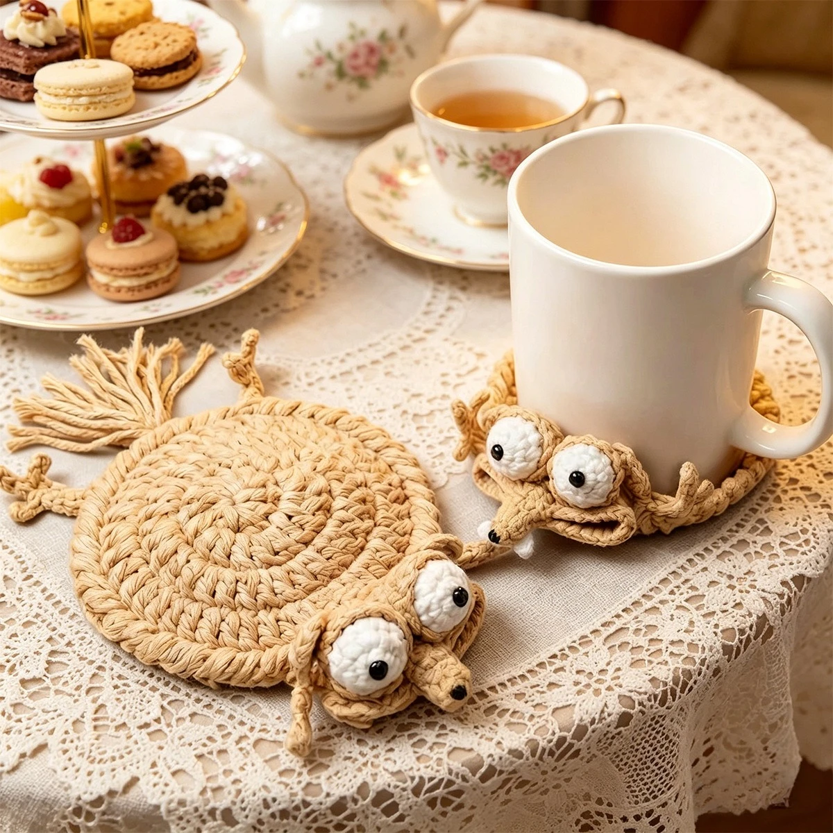 Gehäkelte Tier-Untersetzer Niedliche Gestrickte Tassenuntersetzer Handgemachtes DIY-Bastelset Fertiges Produkt für Heim- und Bürotisch-Dekoration Neuartiges Geschenk