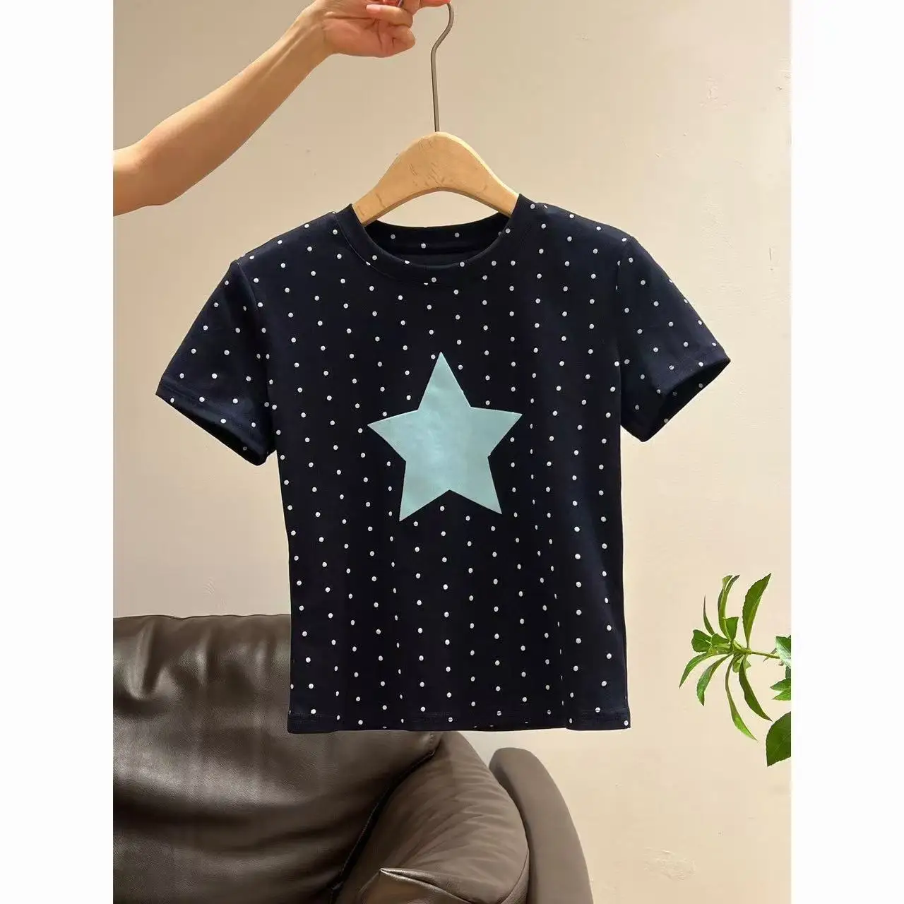 

Y2k Tops Aesthetic Navy Blue Polka Dots Stars Print Short-Sleeve T-Shirt Women T Shirt Summer Slim Round Neck Top Tshirt Shirts