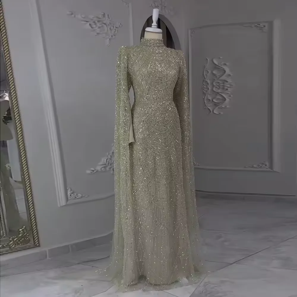 

Customized 2026 Newly Elegant Evening Dress Prom Gown for Women Mermaid Pearls Beaded Cape Sleeves Dubai Wedding Dance Party