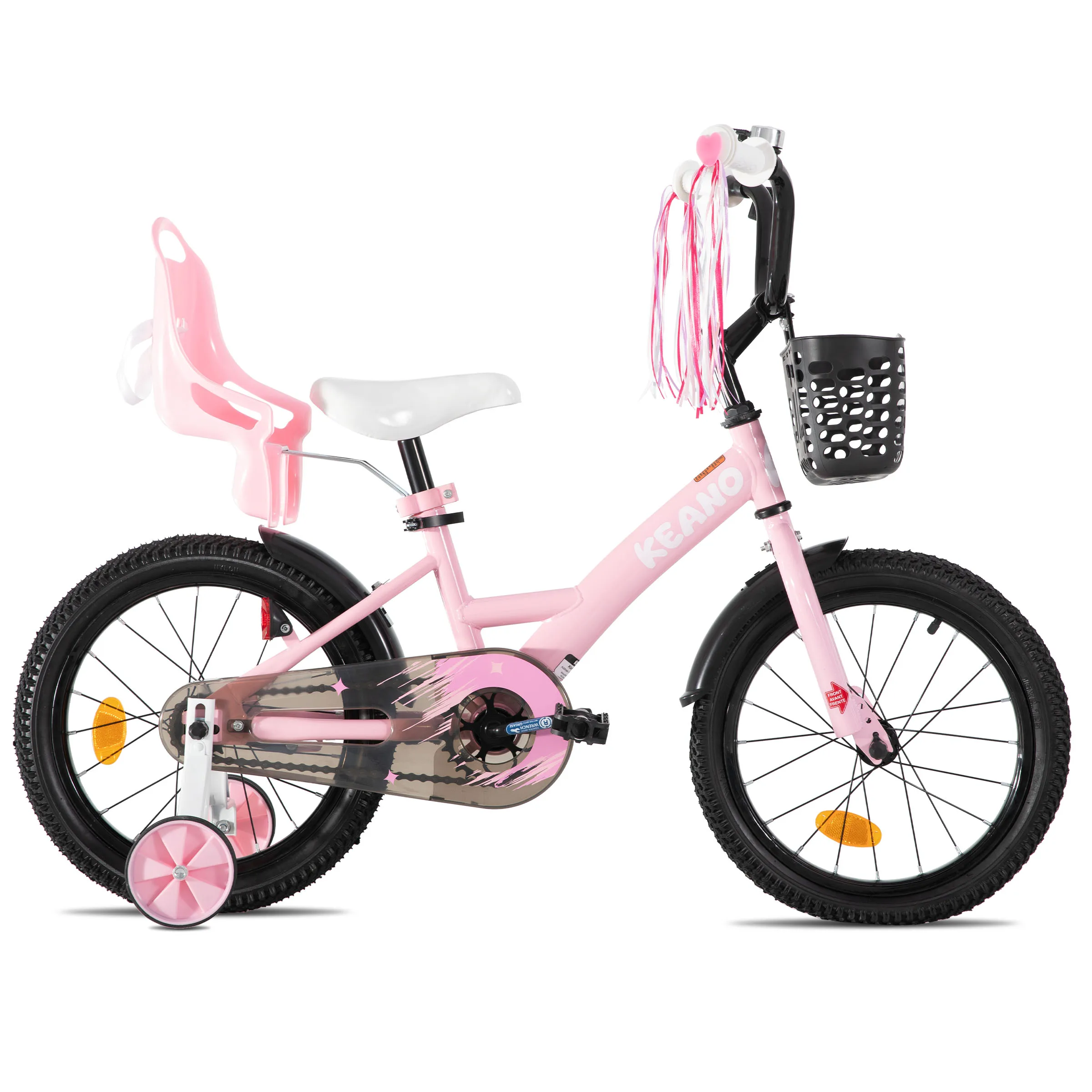 KEANO 14 16 20 inch kinderfiets voor meisjes van 3 tot 10 jaar, meisjesfietsen met zijwieltjes, streamers, mand en poppenzitje