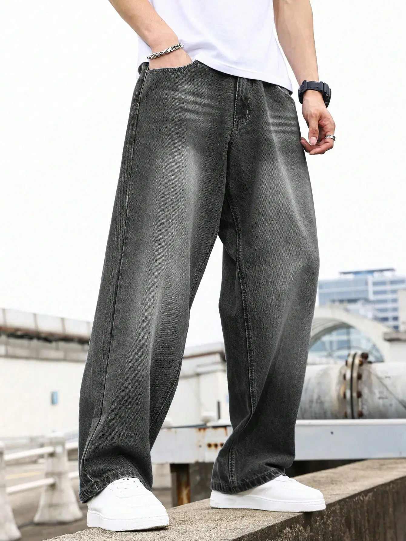 

Men's Black - Gray Loose Wide - Leg Denim Trousers, A Must - Have for Trendy Guys, Four - Season Style