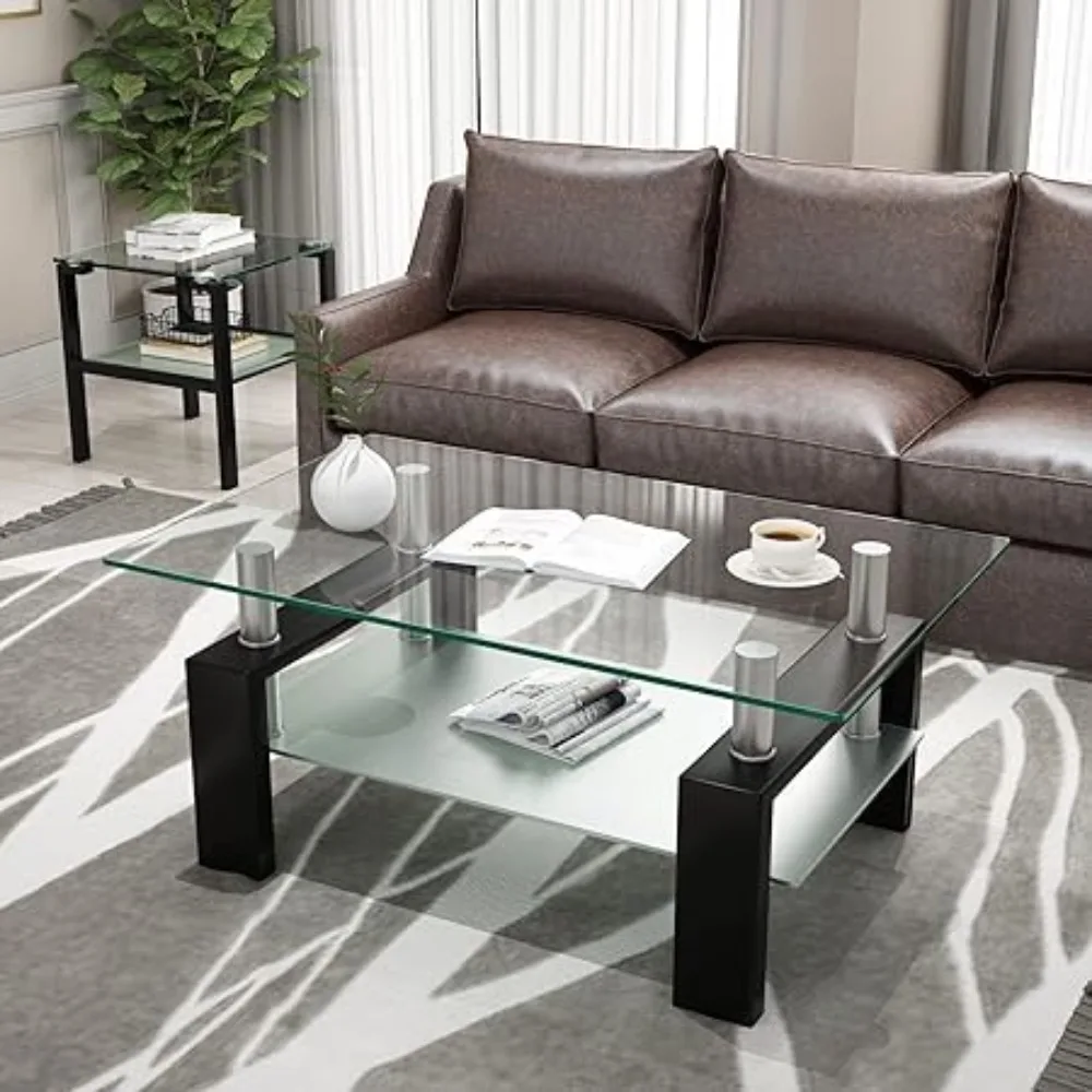 Rectangle Glass Coffee Table 2-Tier Tea Table Modern Side Coffee Table for Living Room