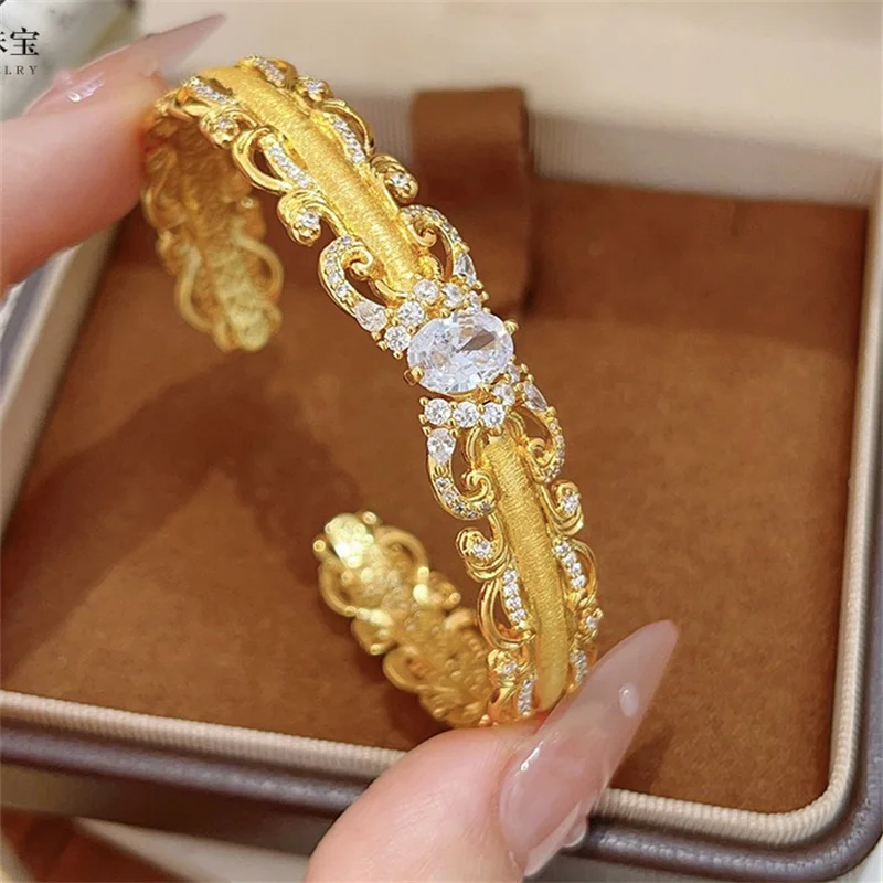 

Высококачественный золотой женский браслет AU99, дворцовый стиль, 24-каратное золото, кружево, модный шарм, открытый браслет, роскошные ювелирные изделия, подарок