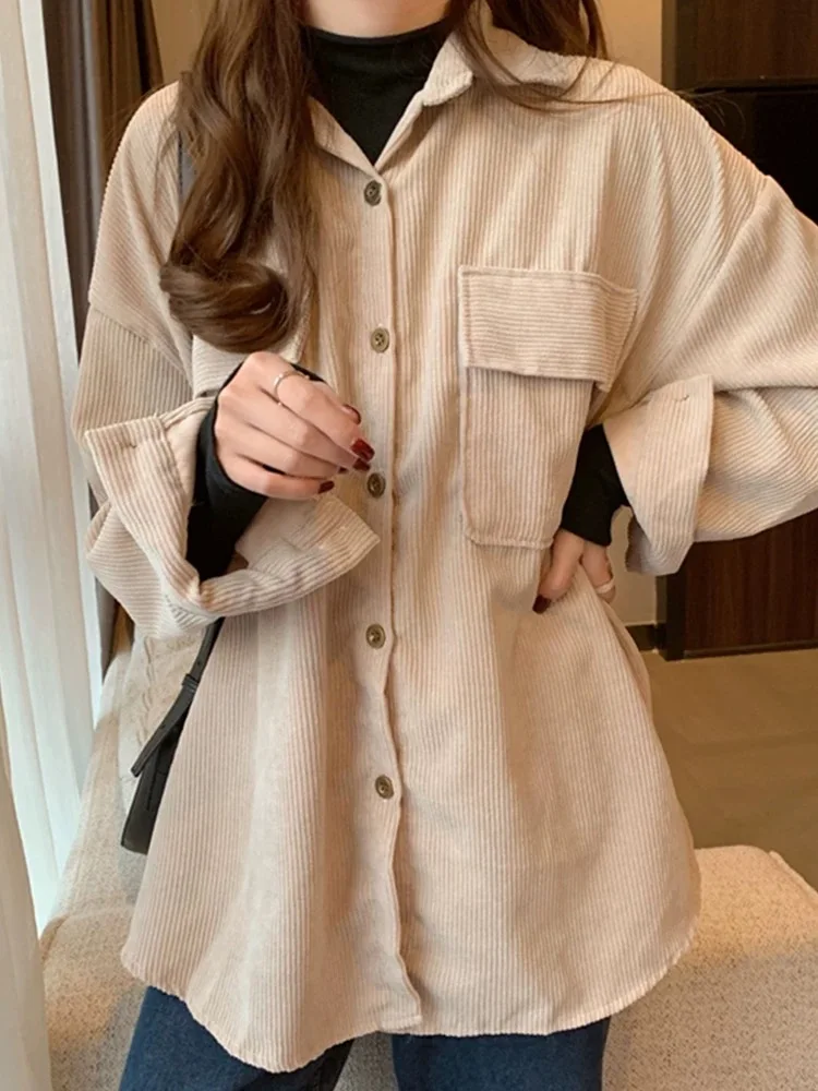 

Korean Fashion Autumn Winter Women Beige Pink Brown Corduroy Shirt Ladies Single Breasted Long Sleeved Office Lady Tops Casual