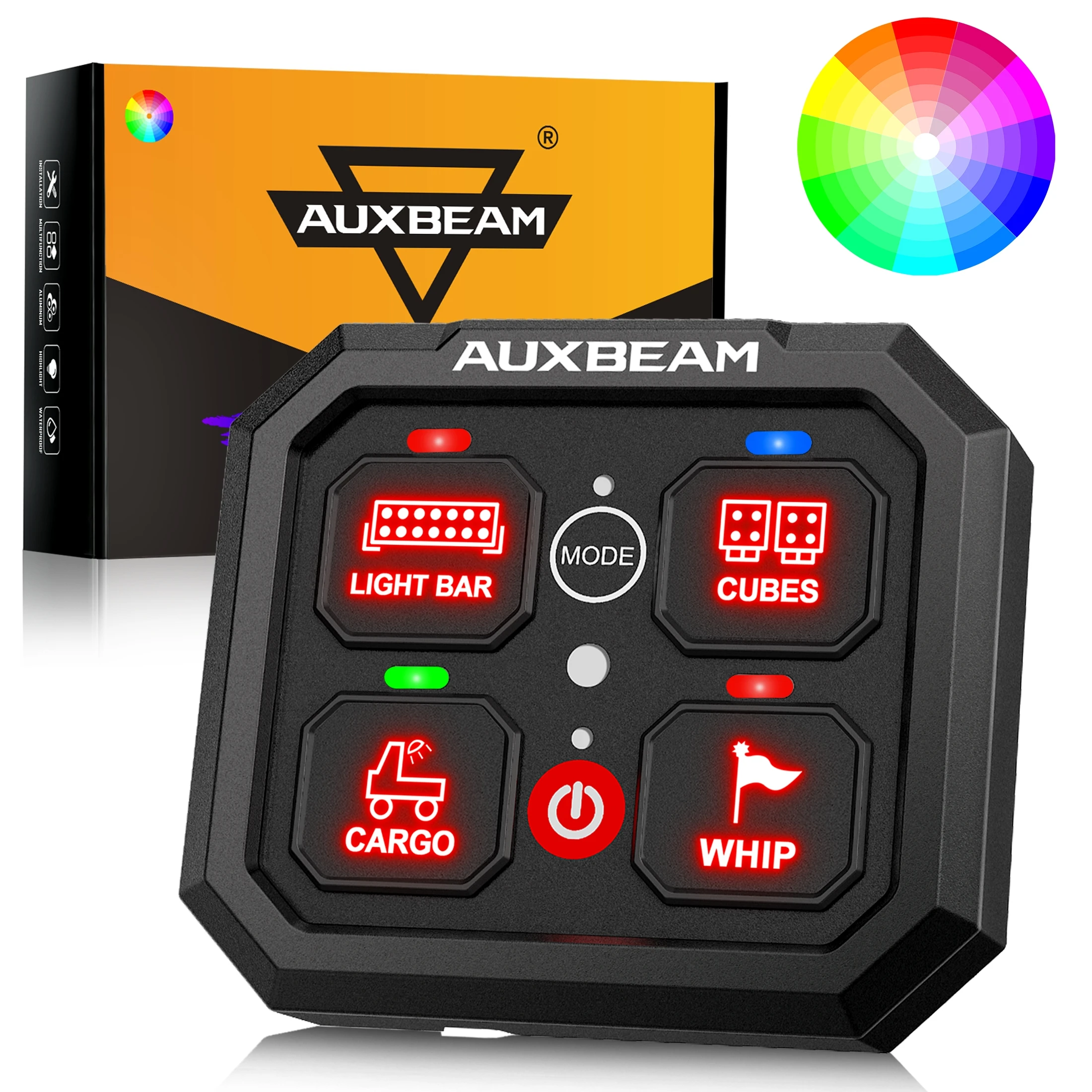 AUXBEAM RA40 RGB Switch Panel 4 Gang for DIY LED Lighting 4-in-1 On-Off Control System, 3 Light Modes Universal for Car, Marine