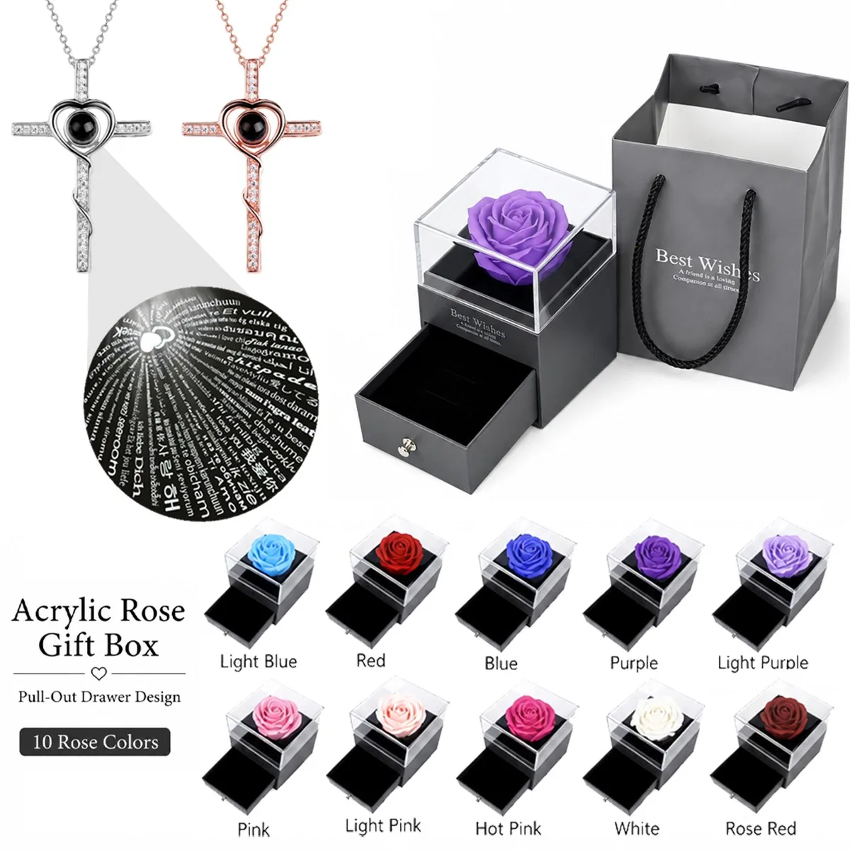 100 Languages I Love You Projection Cross Pendant Necklace With Multi Color Rose Gift Box Valentine's Day Birthday For Women