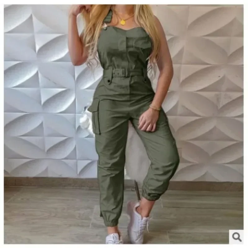 2023 Spring Summer Jumpsuits New Women Solid Color Cargo Pocket Jumpsuit Pants Women Sleeveless Spaghetti Strap Pencil Jumpsuit