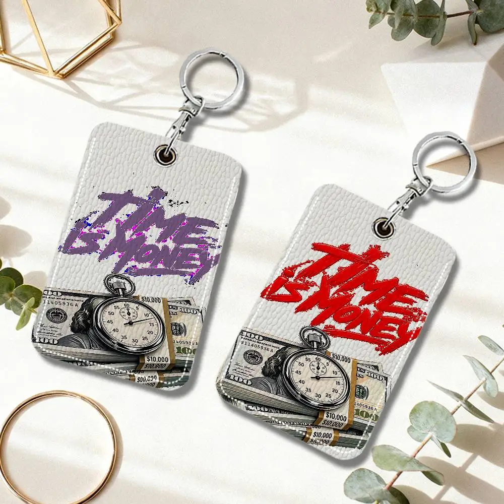 New 100 Dollar Bill Pattern PU Soft Leather Rectangular Keychain Card Holder, Badge Student ID Bus Elevator Card Protector