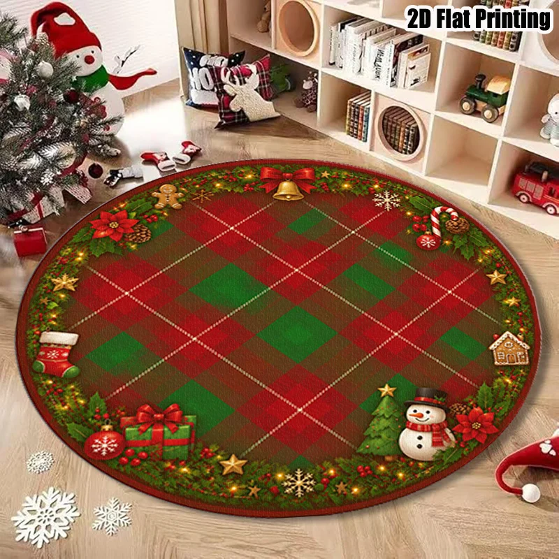 Festive Round Area Rug Red Green Check Snowflake Jingle Bell Circle Carpet Washable Non Slip Front Door Home Floor Decor