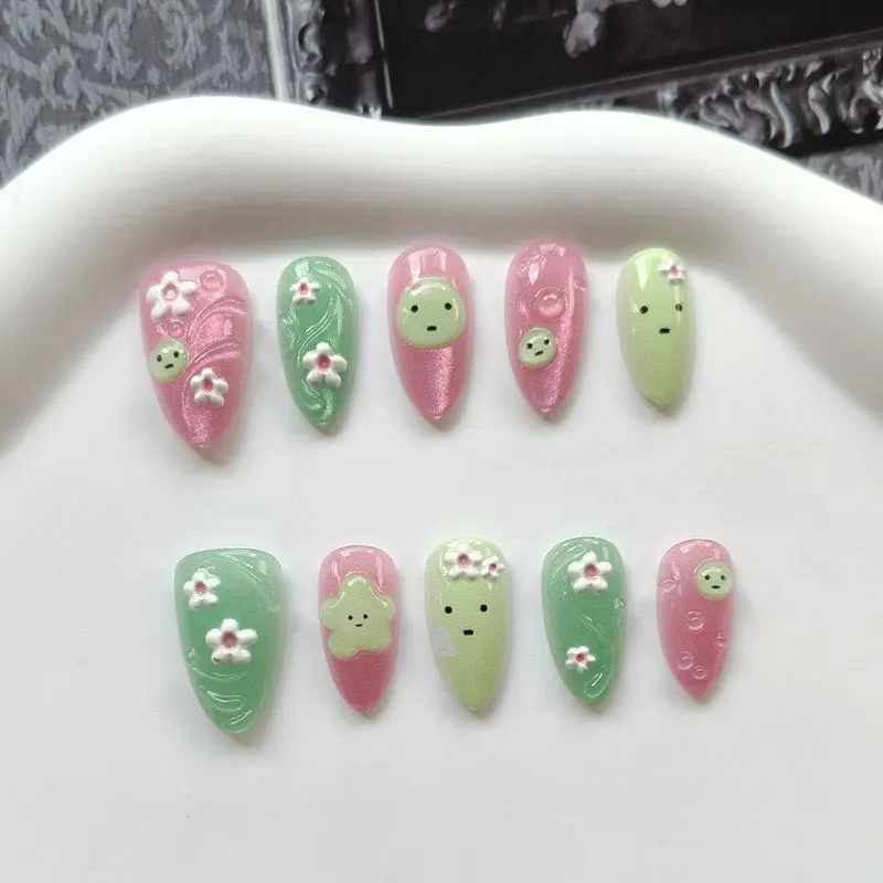 10Pcs Women French Style 3D Flowered Chunky Powder Cat Eye's Press on Nails Short Almond Fresh Nails Patch False Nails Art