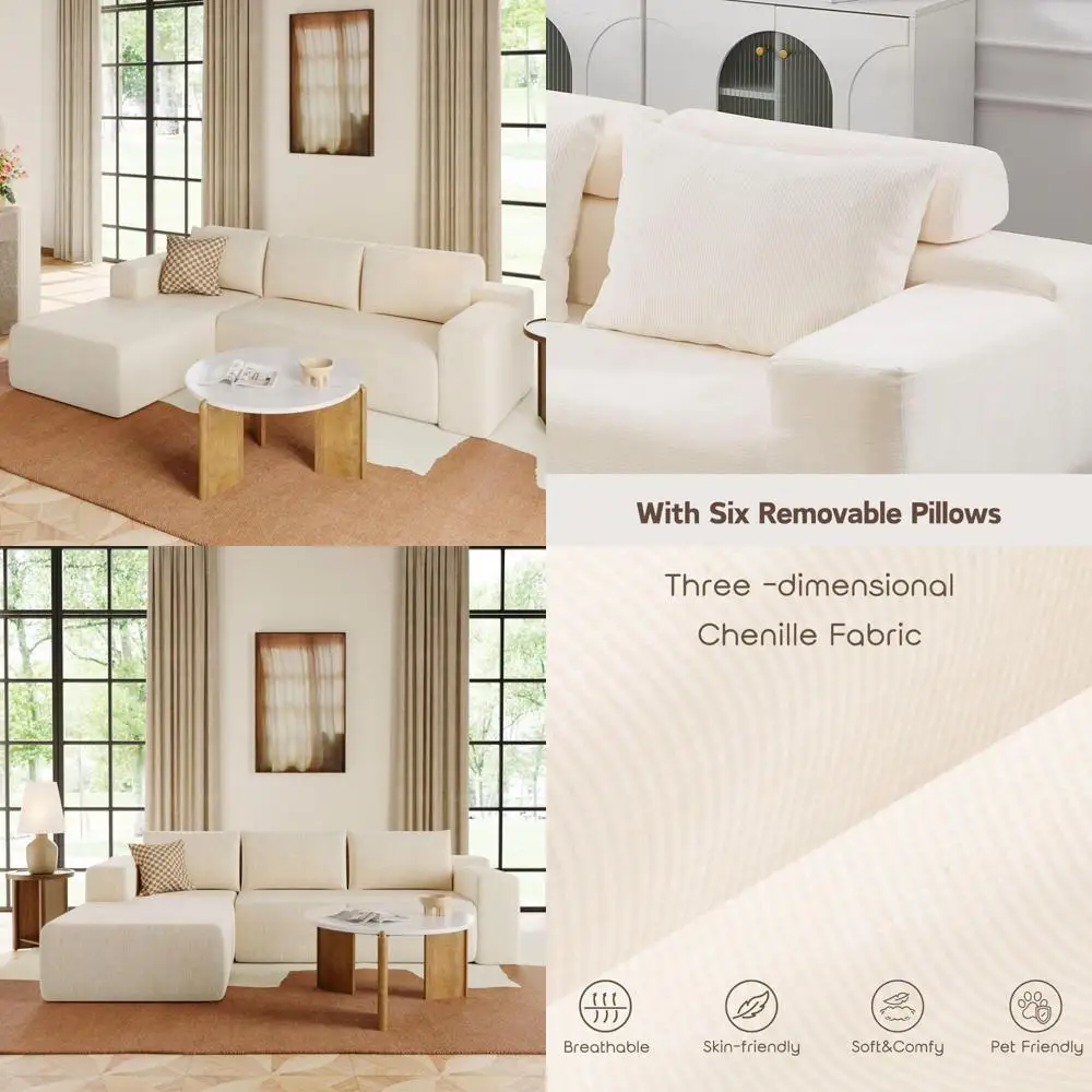 

l-shaped white chenille modern sectional sofa with 3 pillows for living room, ready to use