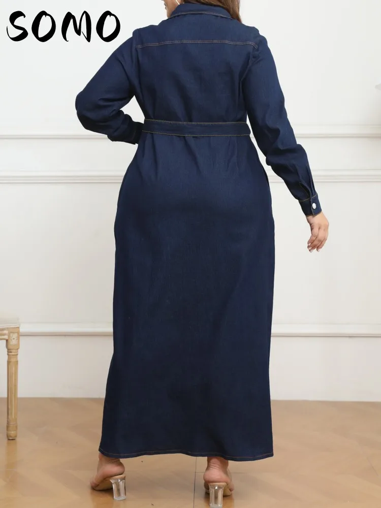 SOMO Plus Size for Women Clothes Denim Long Dress with Belt Button V-neck Long Sleeve 2023 Wash Denim Boho Vintage Dropshipping