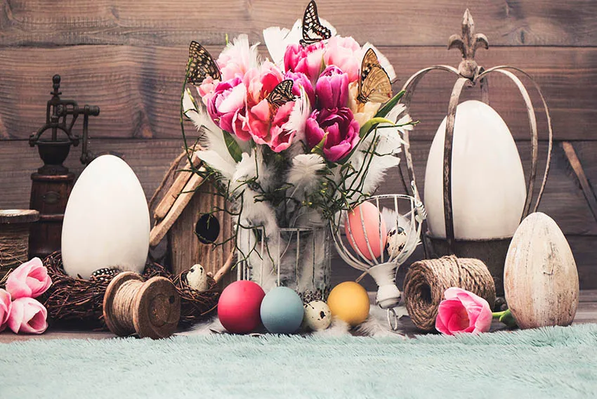 Spring Flowers Tulip Wooden Boards Color Eggs Children Portrait Backdrop For Happy Easter Holiday Photography Backgrounds Banner