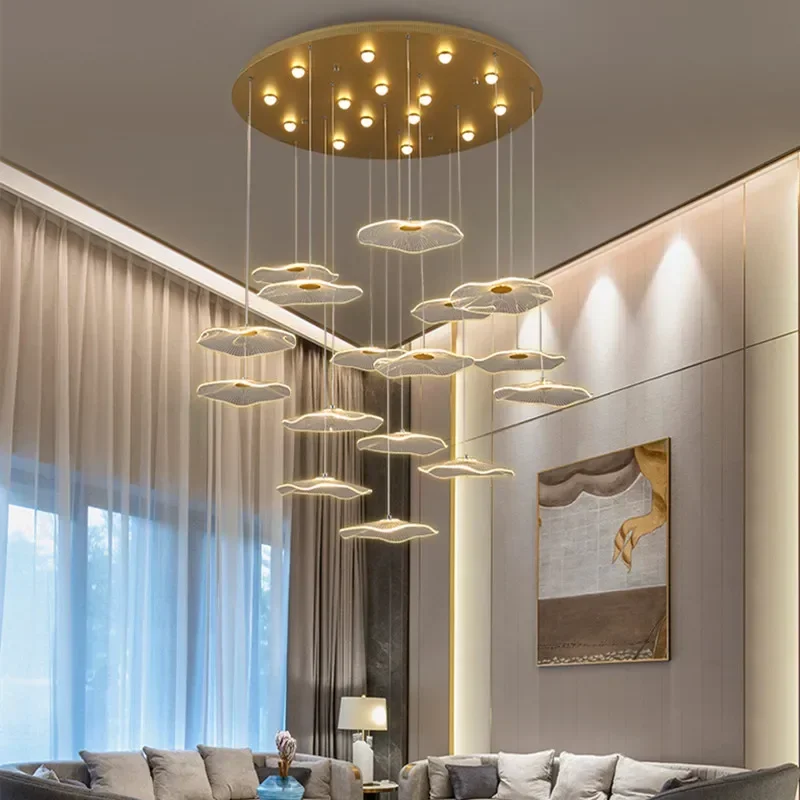 

Nordic Lotus Leaf Modern Chandelier for Living room Kitchen Island hotel lobby villa stair Long chandelier Light Lustre Fixtures